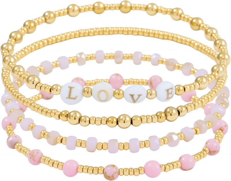 Pymach Store Dainty Gold Plated Pearl Crystal Beaded Bracelets Set for Women 14K Gold Plated Bead Pearl Beads Bracelet Stackable Paperclip Link Chain Bracelets Gold Plated Bracelets for Women Trendy Jewelry - Image 1